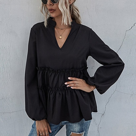 Boho Beige v neck ruffle babydoll long sleeve top - Picture 2 of 15